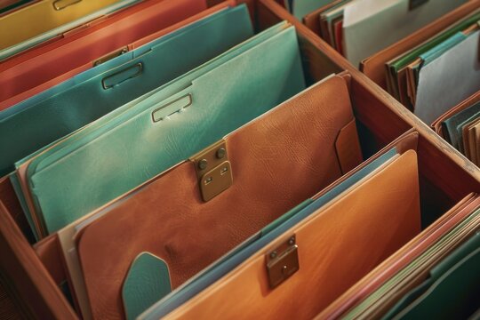 Colorful leather folders neatly arranged in archive drawers, ensuring safekeeping and efficient organization of documents