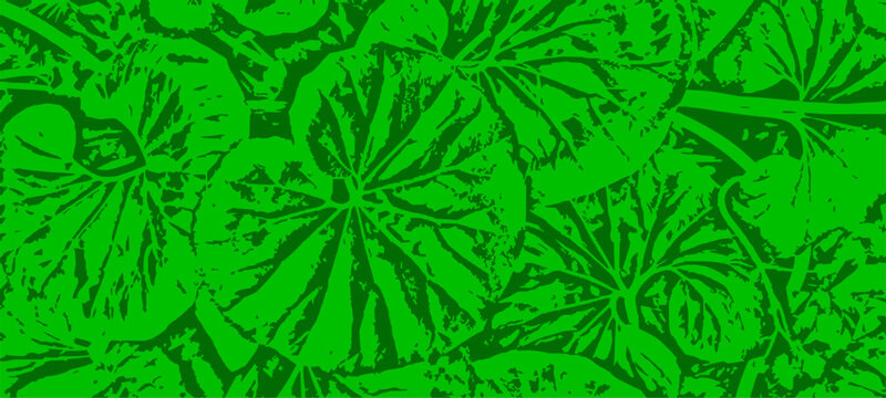 Vibrant green tropical botanical leaf pattern background with large exotic foliage silhouettes in flat duotone style