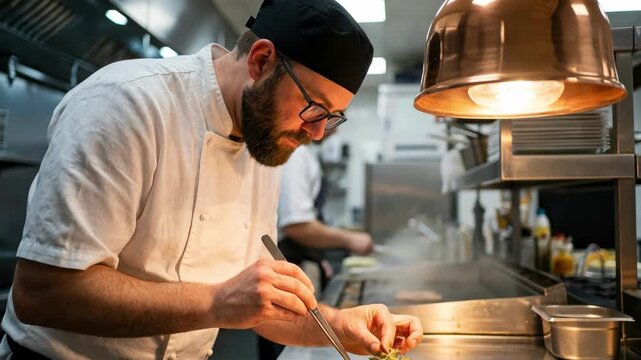 Slow motion footage of a professional male chef in a white uniform using tweezers to carefully garnish a gourmet salad plate under warm hanging lamps in a commercial kitchen