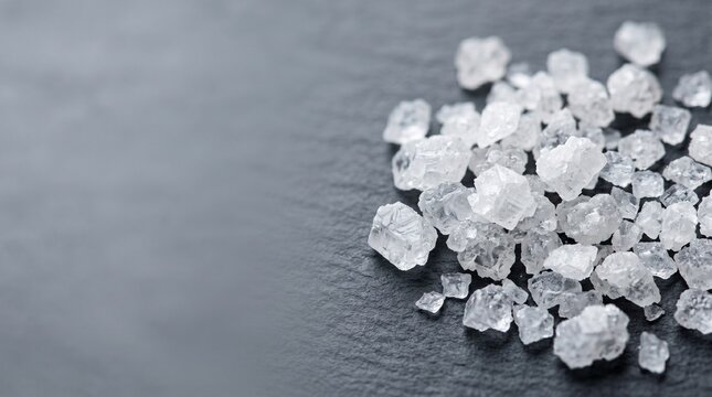 Large crystals of sea salt scattered on dark slate texture.