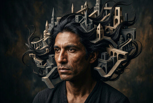 Man with Surreal Architecture Emerging from Mind