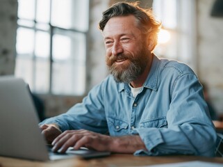 Fototapeta premium Mature man with beard happily working on a laptop in a bright, modern office