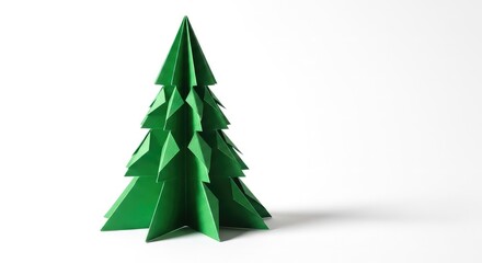 Fototapeta premium A minimalist green paper Christmas tree, elegantly folded using origami techniques, stands centered against a clean and bright white backdrop, spruce, fir, triangular