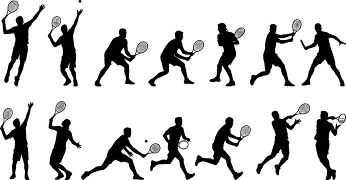 Tennis Player Silhouette Collection Set with Serving, Running, and Hitting Action Poses Isolated on White Background