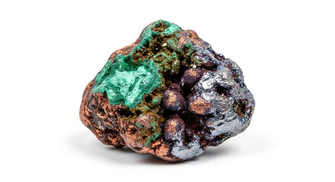 A raw chunk of natural copper ore sits isolated on a clean white background, showing oxidized green highlights and metallic brown tones, nugget, rugged, specimen