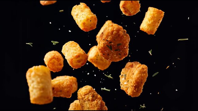Slow motion footage of crispy tater tots and golden chicken nuggets falling through the air with scattered rosemary herbs and sea salt crystals over a solid black background.