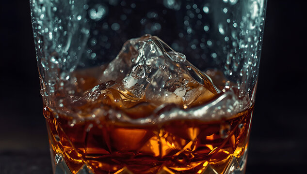 Extreme macro shot of a crisp ice cube dropping into a glass of bourbon with splash and condensation beads