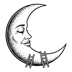 Crescent moon with human face and ladders in vintage engraving style © Wera