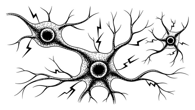 Neurons with eyeball nuclei and electric sparks in surreal anatomical engraving style