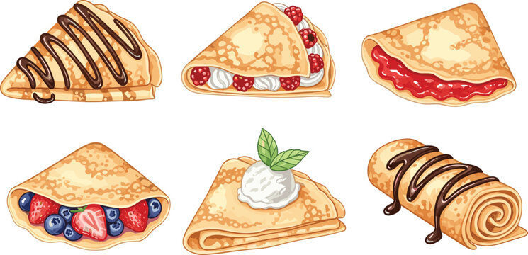 Sweet crepe dessert vector set with chocolate drizzle, berries, cream, jam, and rolled pancake fillings