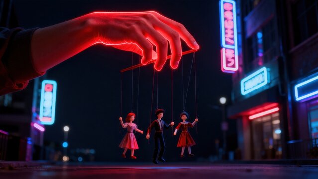 Puppet strings held by glowing hand in neon city