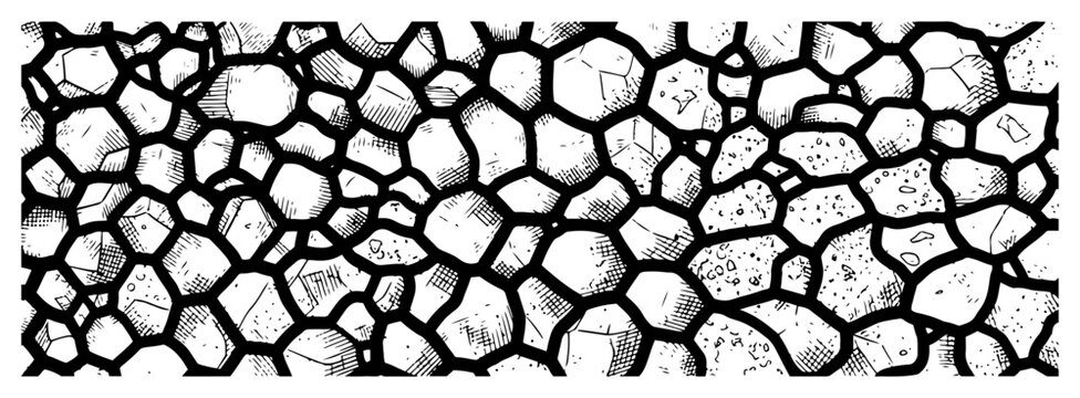 Cracked earth texture with mosaic stone pattern in hand drawn woodcut style