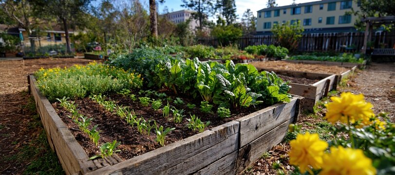 Vegetable garden with staggered planting of seedlings, herbs, and mature greens in raised beds