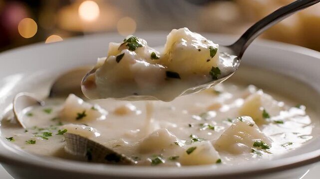 Delicious Creamy Clam Chowder Soup with Potatoes and Parsley.