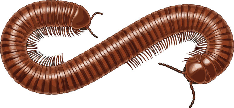 Brown millipede vector illustration with segmented body, many legs, antennae, and curved crawling insect design