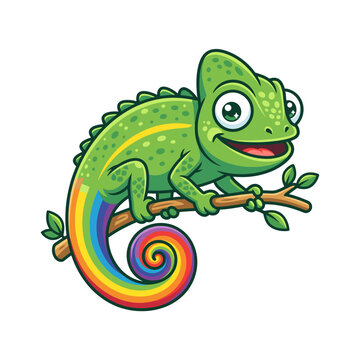 Cute chameleon with rainbow tail on branch vector illustration