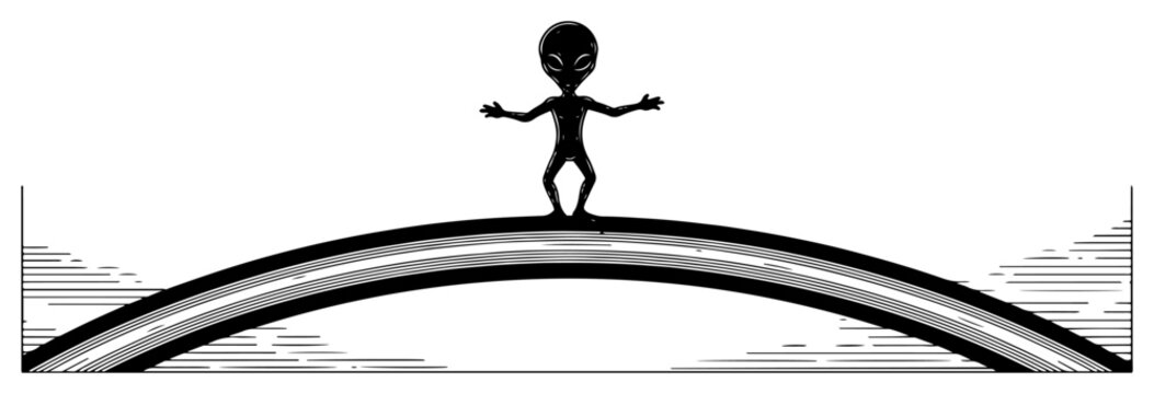 Alien silhouette standing on the horizon of a planet in minimalist woodcut style