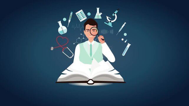 Medical Science Research and Academic Discovery Animation: Male Professional with Magnifying Glass, Open Book, and Floating Stethoscope and Laboratory Icons, Seamless Loop.