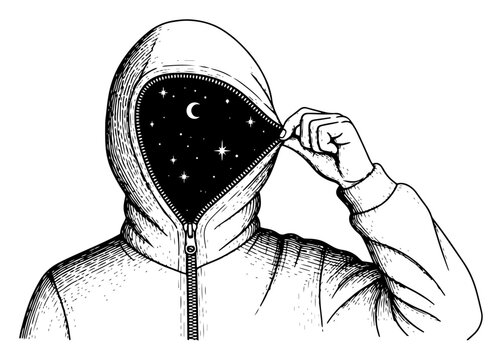 Person in hoodie unzipping face to reveal starry night sky with moon in ink engraving style
