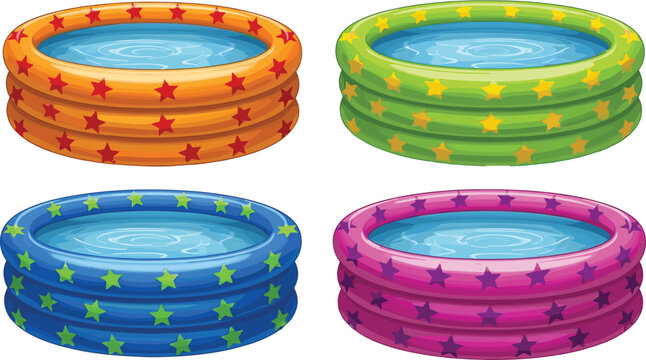 Colorful inflatable swimming pool vector set with star patterns and blue water for summer backyard fun design