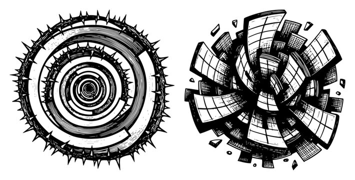 City skyline wrapped around sphere with circular geometric patterns in architectural engraving style