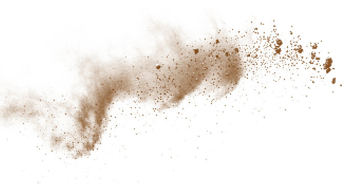 Explosion of brown dust particles in a spray on transparent background with halftone dot effect vector.