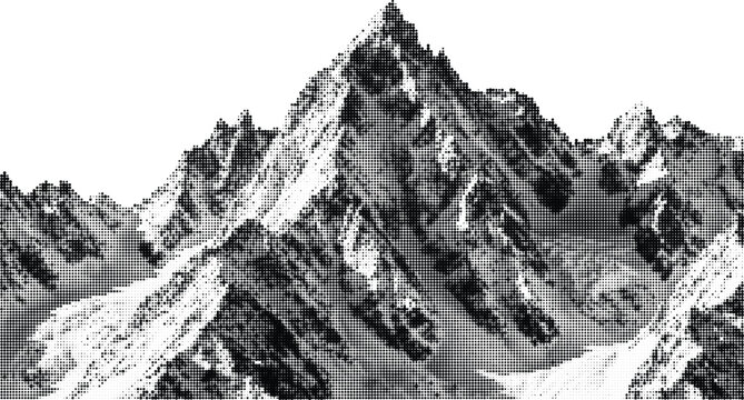 Jagged mountain peak with rocky slopes and valleys in monochrome halftone dot pattern on transparent background.