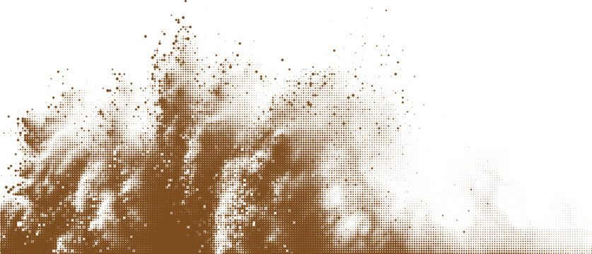 Splatter of brown soil and dirt particles in halftone dot effect, abstract grunge texture isolated on transparent background, natural earth element.