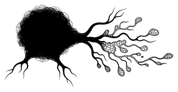 Abstract tangled dark sphere extending into organic root structures in ink style