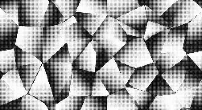 Abstract geometric pattern of shattered shapes with soft shading in halftone dot style, irregular polygons on a grey background, modern mosaic art.