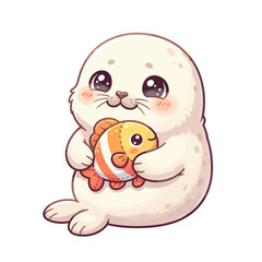 Fototapeta premium Cute seal holding a fish illustration