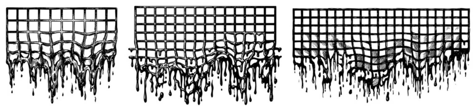 Melting geometric grid panels with liquid drips in surreal hatched line art style
