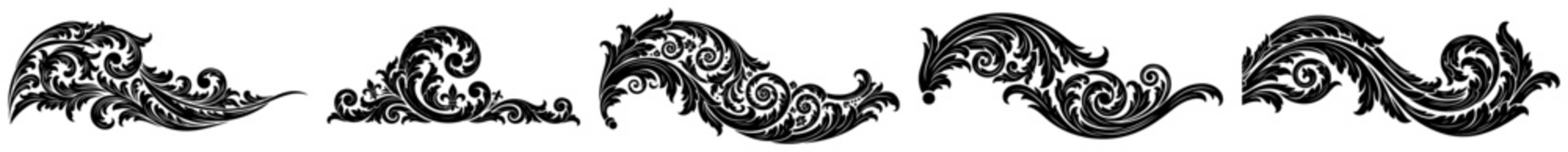 Ornamental baroque scrolls and acanthus leaf flourishes in vintage engraving style
