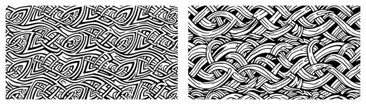 Geometric interwoven pattern and braided knot designs in vintage woodcut style