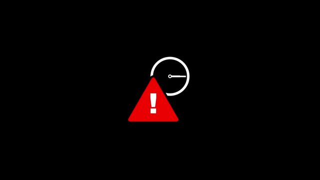 Red warning triangle with exclamation mark and clock icon on black background, time-sensitive alert animation for urgent notifications and system errors 4k video animation.