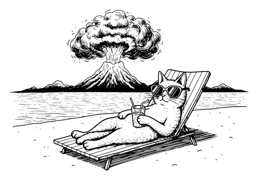 Cat relaxing on beach during nuclear explosion in vintage engraving style