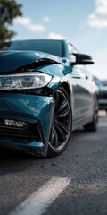 Fototapeta premium Close up of damaged car front corner on asphalt road during daytime