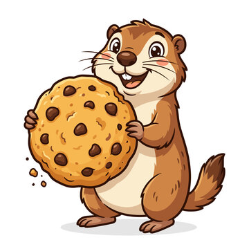 Cute cartoon gopher holding a large chocolate chip cookie