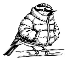 Bird wearing a warm winter puffer jacket in funny vintage engraving style © Wera