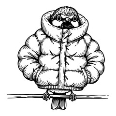 Bird wearing oversized puffer jacket sitting on branch in vintage engraving style © Wera