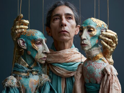 Woman controlling two artistic puppets with strings, dark background