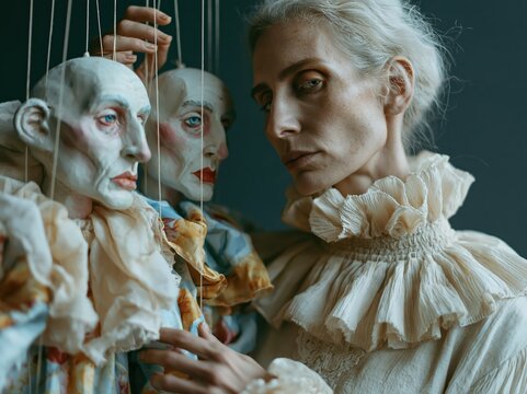 Woman's hands controlling marionette puppets with expressive faces and ruffled collars
