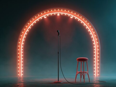 Comedy club stage with microphone and stool under a neon arch