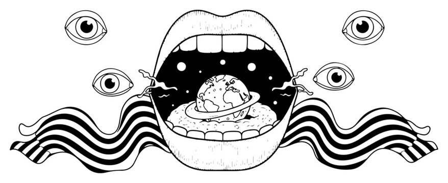 Open human mouth containing planet earth and floating eyeballs in cosmic surreal style