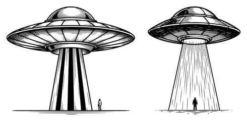 Flying saucer spacecraft beaming up human silhouette in vintage engraving style © Wera