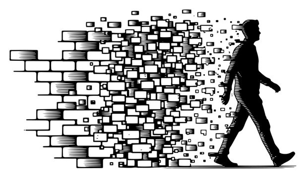 Man walking away from disintegrating brick wall in conceptual hatching style