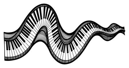 Piano keyboard flowing in wavy ribbon shape in detailed line art style © Wera
