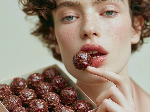Woman with freckles enjoys a delicious chocolate truffle from a box
