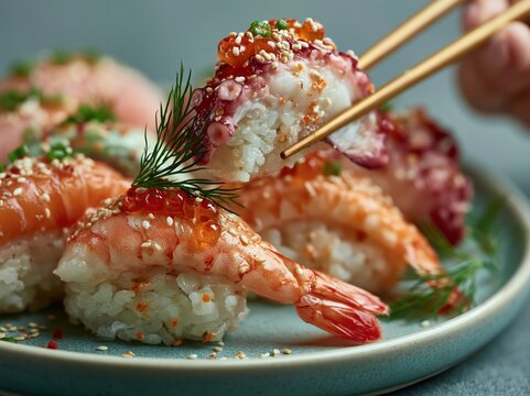 Delicious sushi platter with shrimp, salmon, and octopus, garnished with roe and dill
