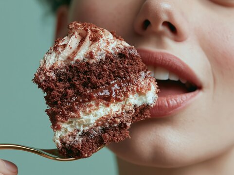 Close-up of a woman's mouth about to eat a delicious slice of red velvet cake